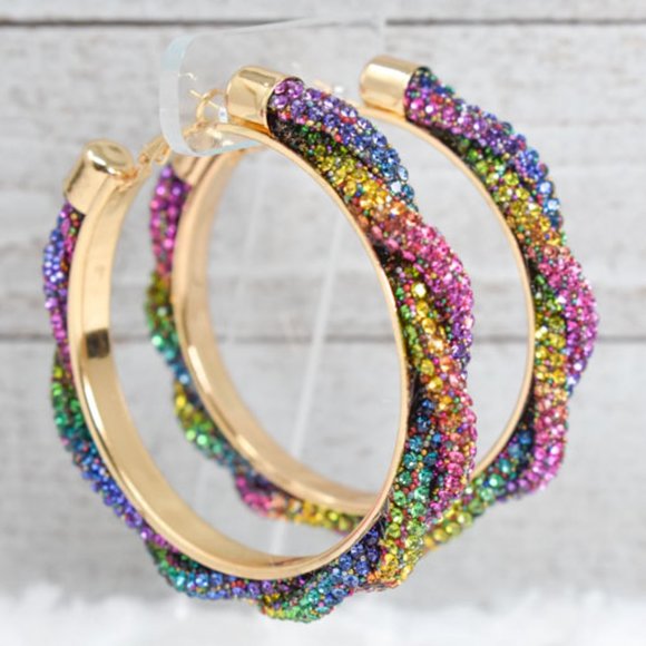 3" Braid Twist Multicolor Rhinestone Hoop Earrings - Picture 7 of 12
